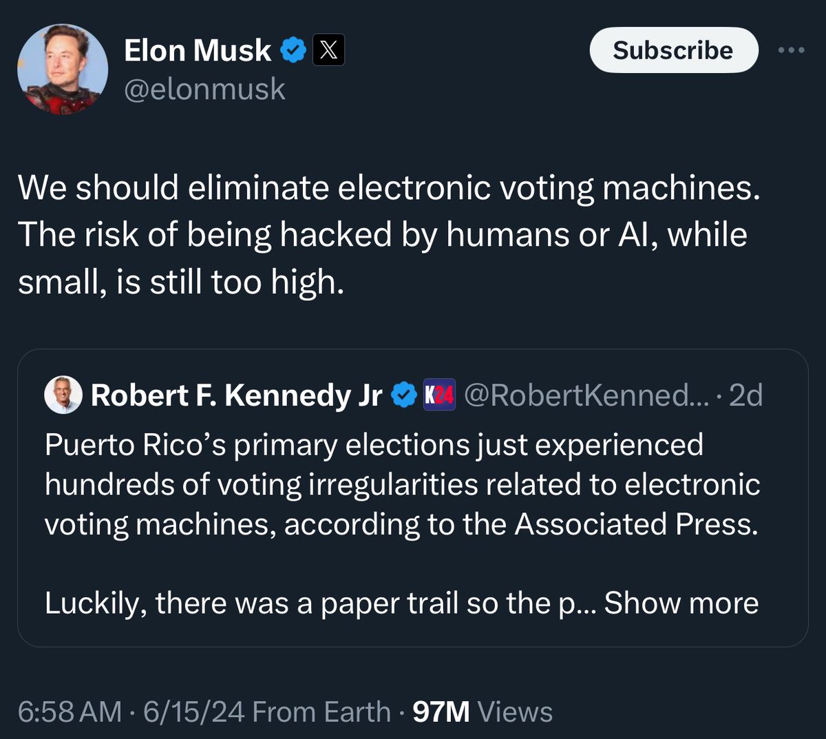 briantylercohen's tweet photo. If the guy who owns an electric car company has this little faith the integrity of our systems over hackers, then that doesn’t inspire much confidence in his cars, does it? https://t.co/iJLaavfjg6