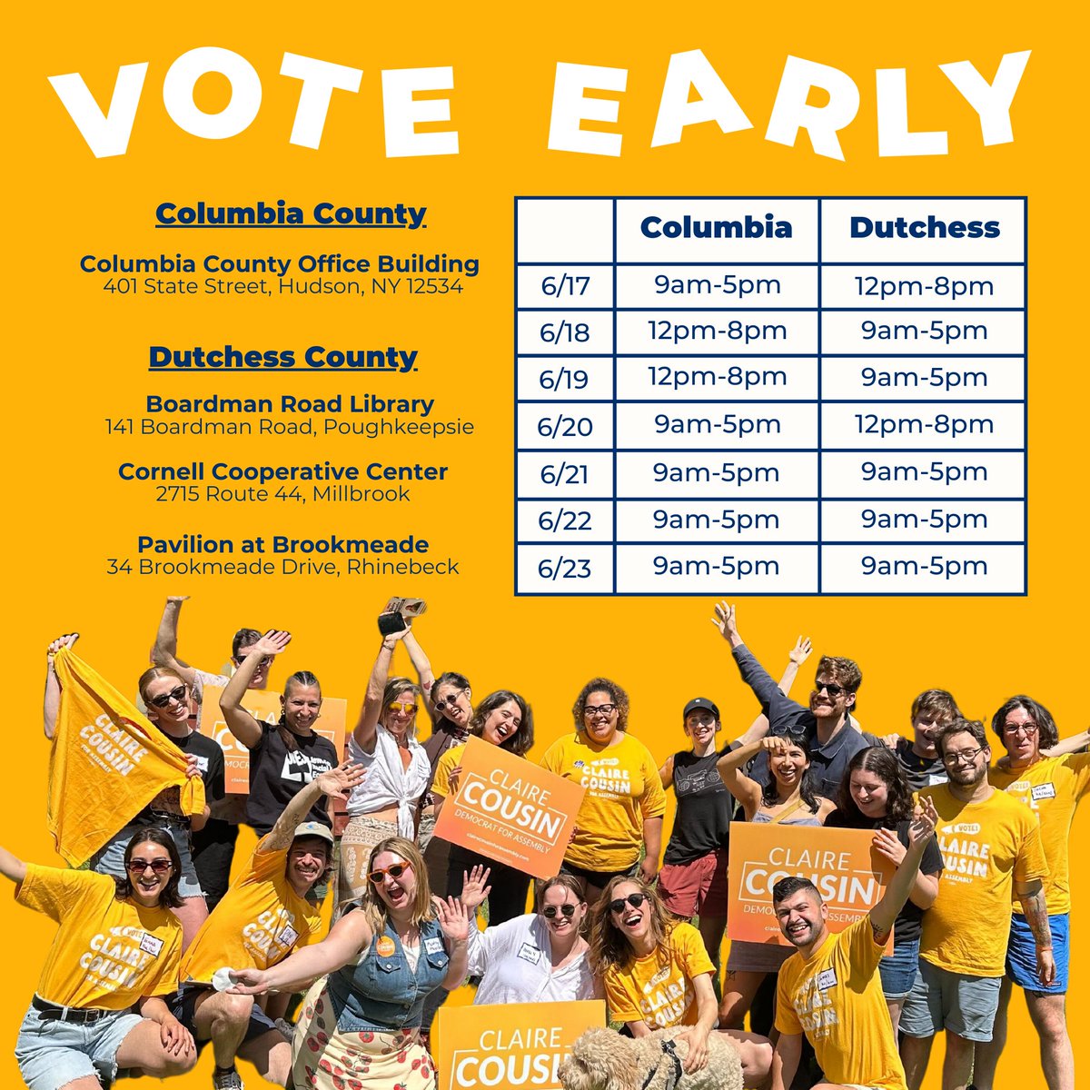 VOTE EARLY!! 🗳️ You can vote at any early voting site in your county until Sunday, June 23.

More info: clairecousinforassembly.com/vote