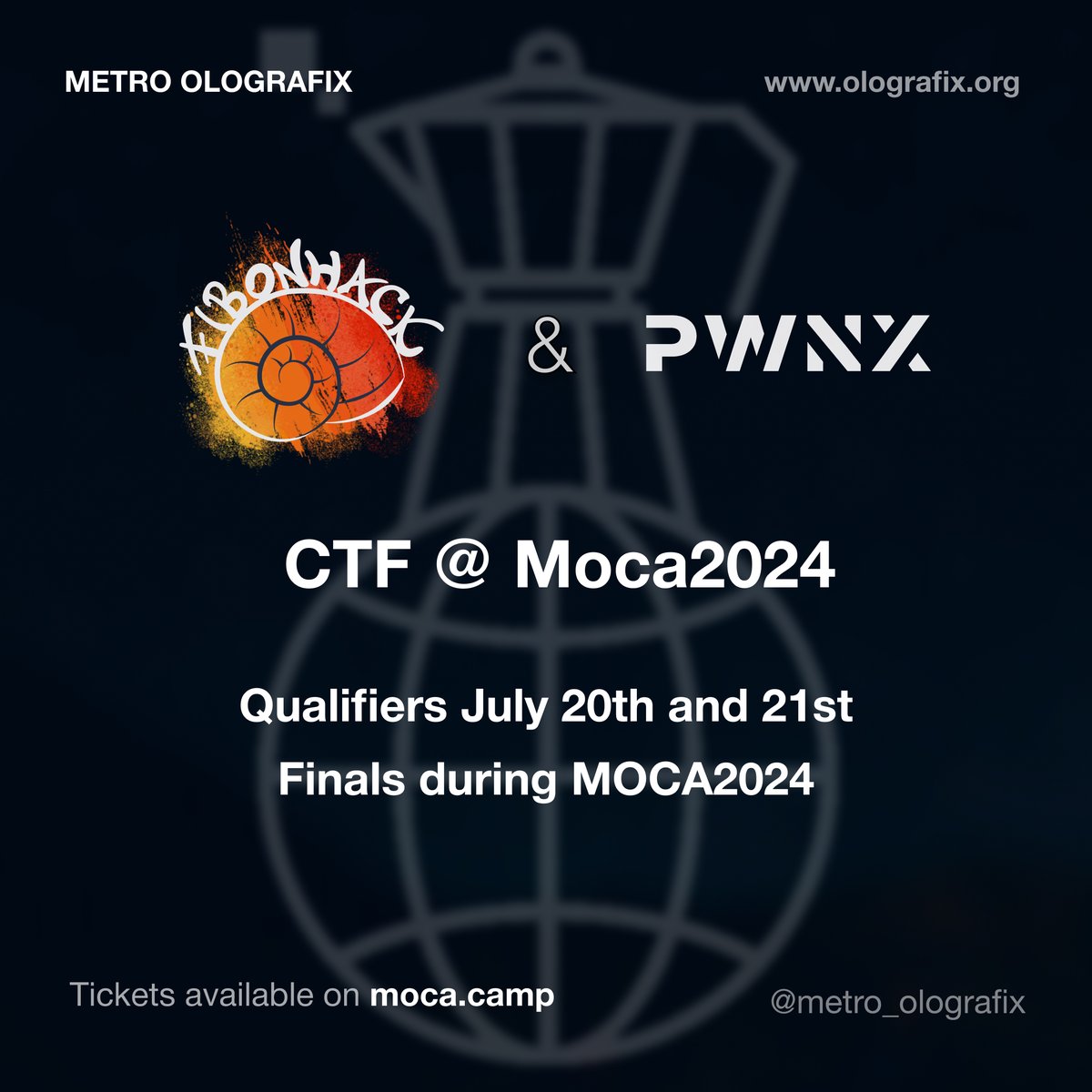 Metro Olografix (@metroolografix) on Twitter photo In collaborazione con #Fibonhack e #PWNX il #MOCA2024 avrà il suo #CTF 🏴☠️
2 manches:
- qualificazioni online 20 e 21 Luglio
- finali in presenza durante il MOCA
Iscrizioni al link➡️ ctftime.org/event/2293Altre Informazioni al link➡️ moca.camp/ctf/ In collaborazione con #Fibonhack e #PWNX il #MOCA2024 avrà il suo #CTF 🏴☠️
2 manches:
- qualificazioni online 20 e 21 Luglio
- finali in presenza durante il MOCA
Iscrizioni al link➡️ ctftime.org/event/2293Altre Informazioni al link➡️ moca.camp/ctf/