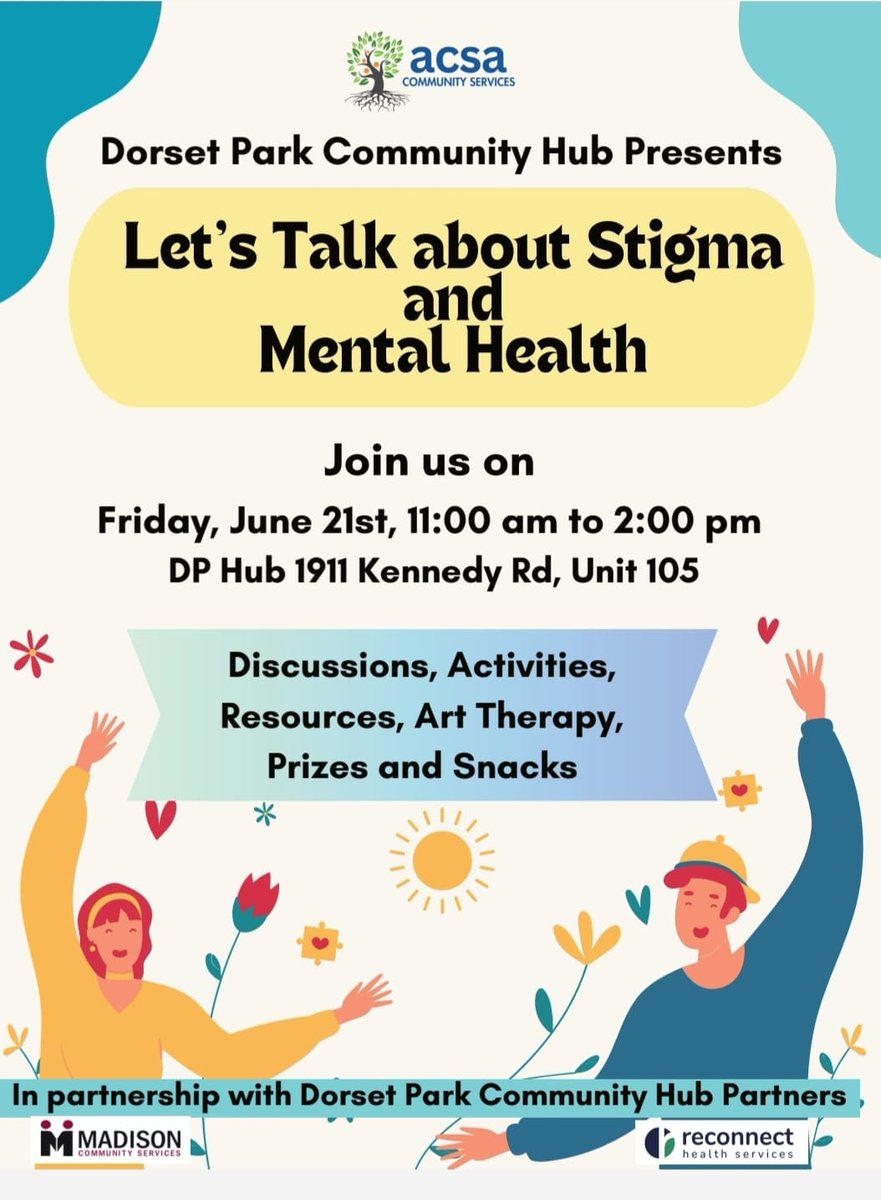 MadisonCSHelps's tweet image. Let’s talk about stigma and Mental Health
When: - June 21st, 2024
Time: - From 11:00 am – 2:00 pm
Address: - 1911 Kennedy Rd, Unit 105

#madisoncommunityservices #reconnecthealthservices #mentalhealth #mentalhealthawareness #mentalhealthmatters #toronto #canada