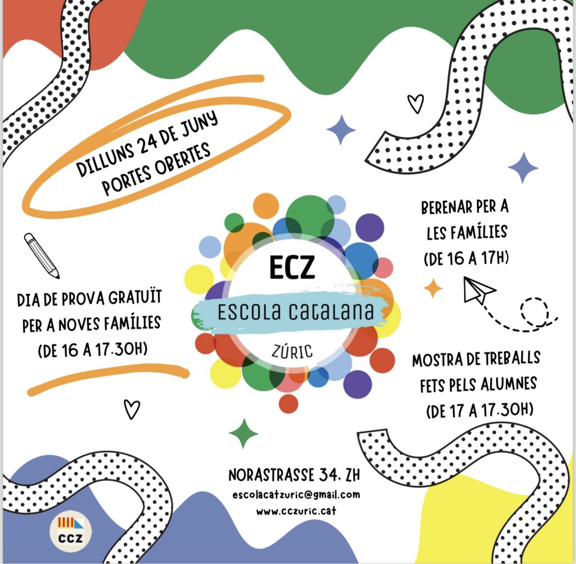 Casal Català de Zúric (@cczuric) on Twitter photo Hola famílies! Des de l’Escola Catalana, farem una jornada de portes obertes el 24 de juny per a totes les famílies que hi estiguin interessades. Us hi esperem!! 🥳
Si voleu venir, si us plau, feu-nos-ho saber per correu: escolacatzuric@gmail.com Hola famílies! Des de l’Escola Catalana, farem una jornada de portes obertes el 24 de juny per a totes les famílies que hi estiguin interessades. Us hi esperem!! 🥳
Si voleu venir, si us plau, feu-nos-ho saber per correu: escolacatzuric@gmail.com
