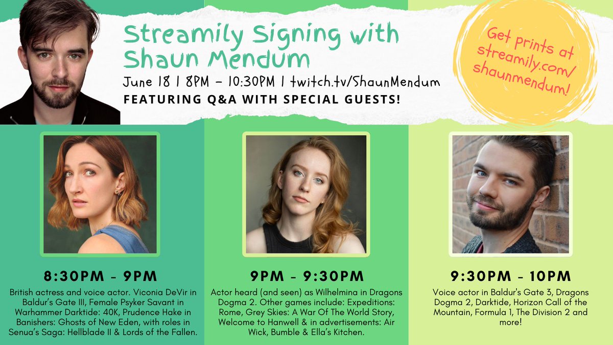 Shaun Mendum - Actor/VA/Creator (@shaunmendum) on Twitter photo Announcing tomorrow's very special guest stars! Eeeeek!
<a href="/JessNesling/">Jess Nesling</a>
<a href="/_Charlotte_East/">Charlotte East</a>
<a href="/Chewmonster92/">James Alexander VO</a>
Stream twitch.tv/shaunmendum 8PM BST
Final Prints streamily.com/shaunmendum
Poster and good flea <a href="/GoodBiRanger/">Sabe | Biranger 🍉</a>
#twitchstream #livesigning #gueststars #voiceactors #dd2 #bg3 Announcing tomorrow's very special guest stars! Eeeeek!
<a href="/JessNesling/">Jess Nesling</a>
<a href="/_Charlotte_East/">Charlotte East</a>
<a href="/Chewmonster92/">James Alexander VO</a>
Stream twitch.tv/shaunmendum 8PM BST
Final Prints streamily.com/shaunmendum
Poster and good flea <a href="/GoodBiRanger/">Sabe | Biranger 🍉</a>
#twitchstream #livesigning #gueststars #voiceactors #dd2 #bg3