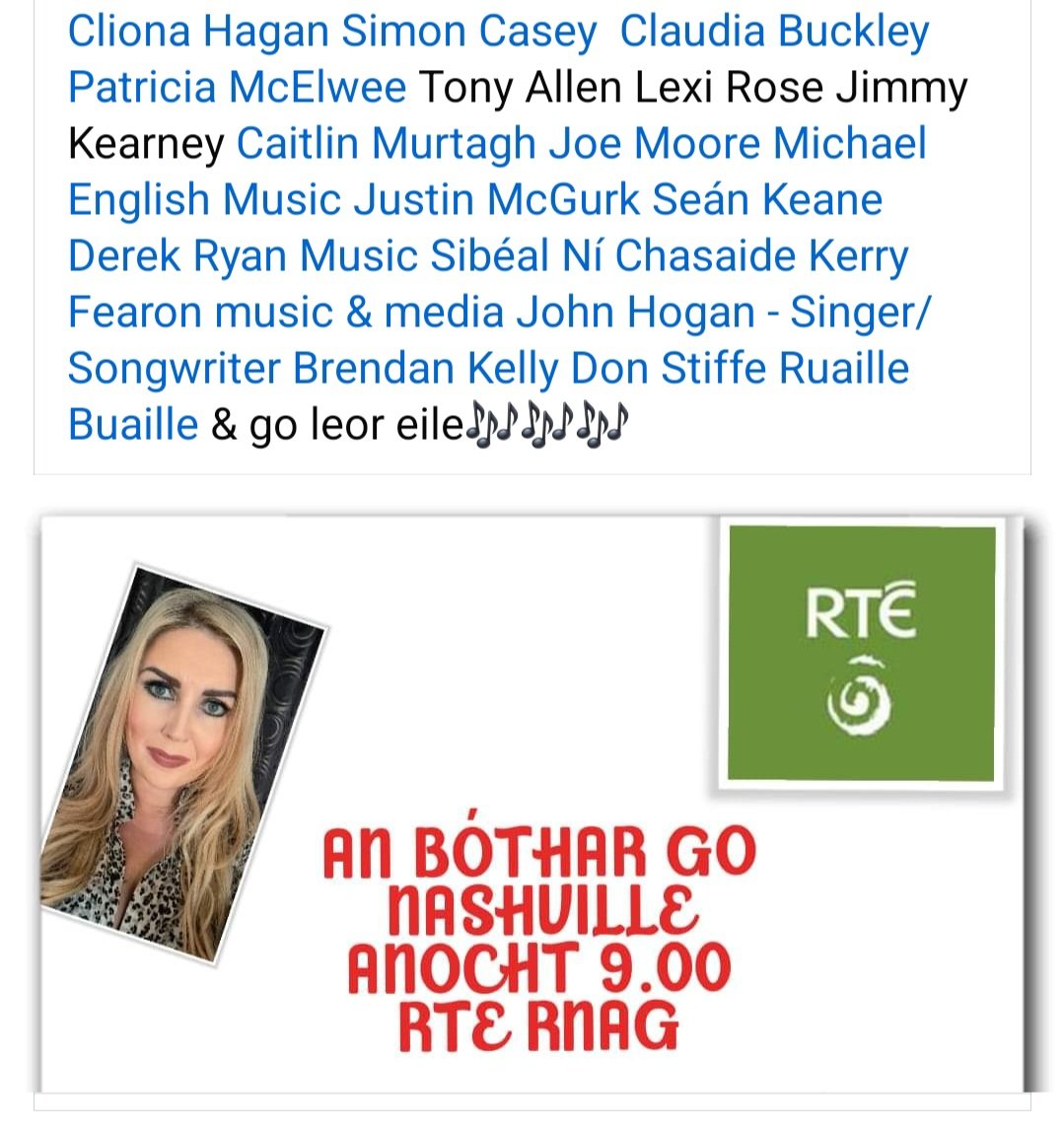Jo Ní Chéide (@raidiojo) on Twitter photo An Bóthar go Nashville anocht 9.00-11.00 ar <a href="/RTERnaG/">Raidió na Gaeltachta</a>
<a href="/ClionaHagan/">Cliona Hagan</a> <a href="/caitlinmurt11/">caitlin murtagh</a> <a href="/Claudiabuckley_/">Claudia Buckley</a> <a href="/simoncasey11/">Simon Casey 💙💛</a> <a href="/SibealOfficial/">Sibéal Ní Chasaide</a> <a href="/derekryanmusic/">Derek Ryan</a> & go leor eile📻 An Bóthar go Nashville anocht 9.00-11.00 ar <a href="/RTERnaG/">Raidió na Gaeltachta</a>
<a href="/ClionaHagan/">Cliona Hagan</a> <a href="/caitlinmurt11/">caitlin murtagh</a> <a href="/Claudiabuckley_/">Claudia Buckley</a> <a href="/simoncasey11/">Simon Casey 💙💛</a> <a href="/SibealOfficial/">Sibéal Ní Chasaide</a> <a href="/derekryanmusic/">Derek Ryan</a> & go leor eile📻
