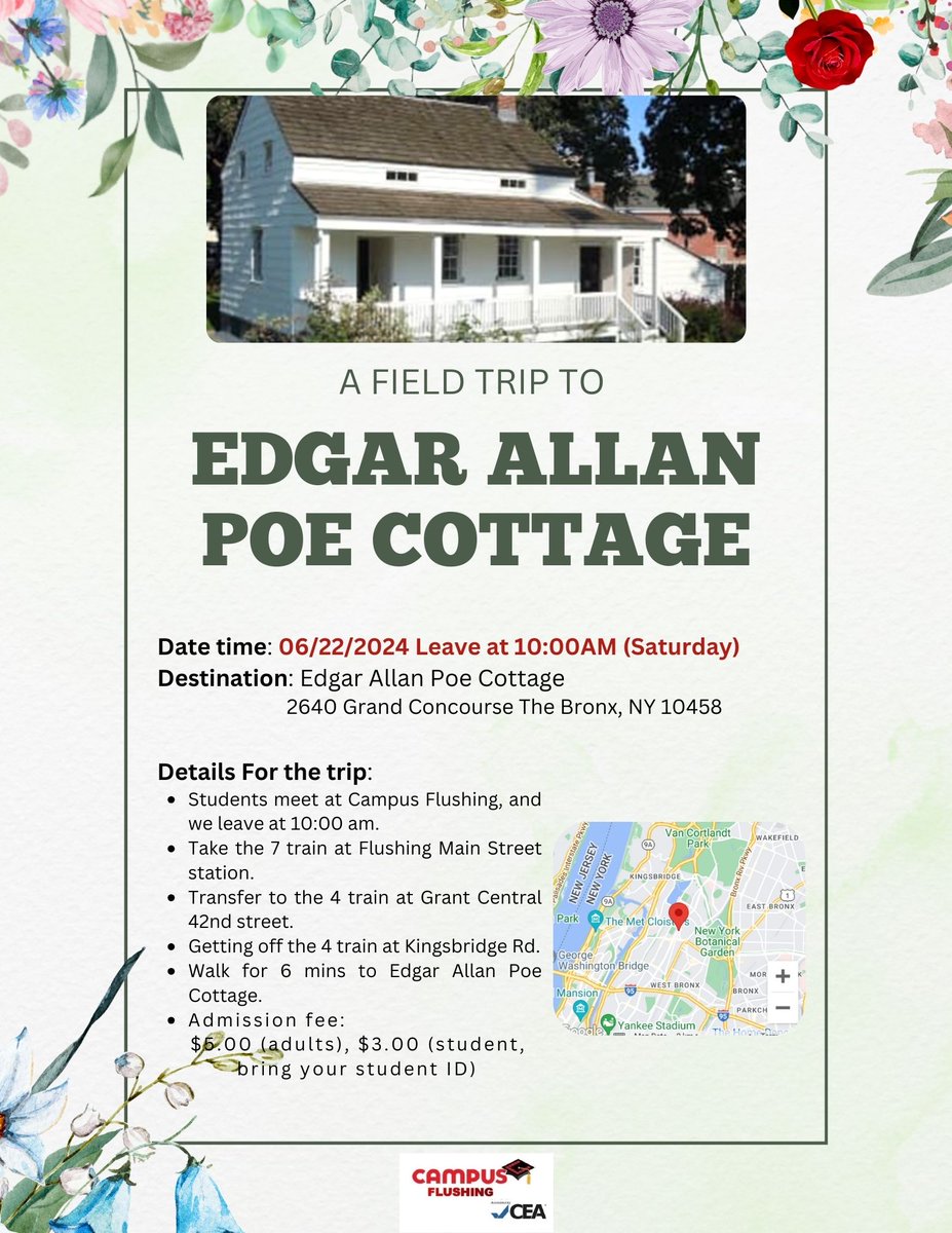 campus_flushing's tweet photo. 📷Let's enjoy this lovely summer with a field trip! Check out our 2024 new field trip to Edgar Allan Poe Cottage! 
#esl #english #flushing #trip #F1 #NewYorkCity #LanguageSchool #I20 #changeofstatus #转身份 #学生签 #法拉盛 https://t.co/jz109Hwq3V