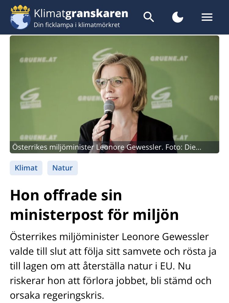 Klimatgranskarn's tweet photo. ”Mitt samvete säger mig otvetydigt: Om framtida generationers liv står på spel krävs modiga beslut. Därför röstade jag för lagen om naturrestaurering”. Så motiverad Leonore Gewessler sitt beslut, som kan kosta henne jobbet. https://t.co/DlCSftpukY