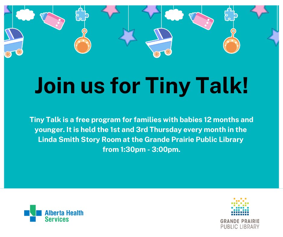 AHS_NorthZone's tweet photo. Ready to connect with other parents and learn more about your baby's health? The free AHS Tiny Talk program is the perfect opportunity! Swing by the @GPPublicLibrary on June 20th for an informative session with a public health nurse: https://t.co/VsotzROX3o #yqu #gpab #tinytalk https://t.co/e85c63idWW
