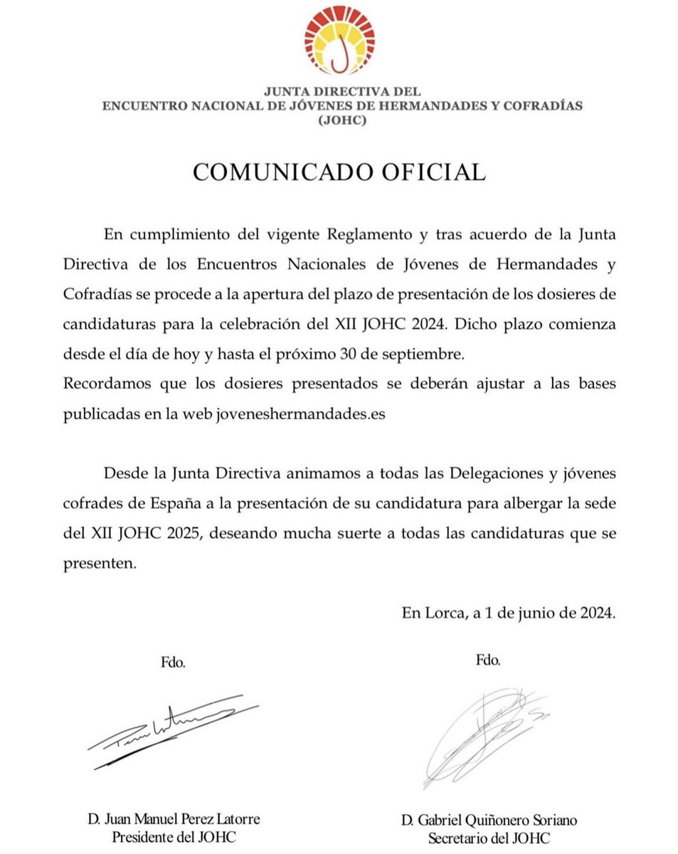 COMUNICADO OFICIAL

Se procede a la apertura del plazo de presentación de los dosieres de candidaturas para la celebración del XII JOHC 2025.

#tomadtodosdeel #johcleon #jovenespapones #encuentrojohc #juventudcofrade #leonesp #semanasanta #encuentrocofrade