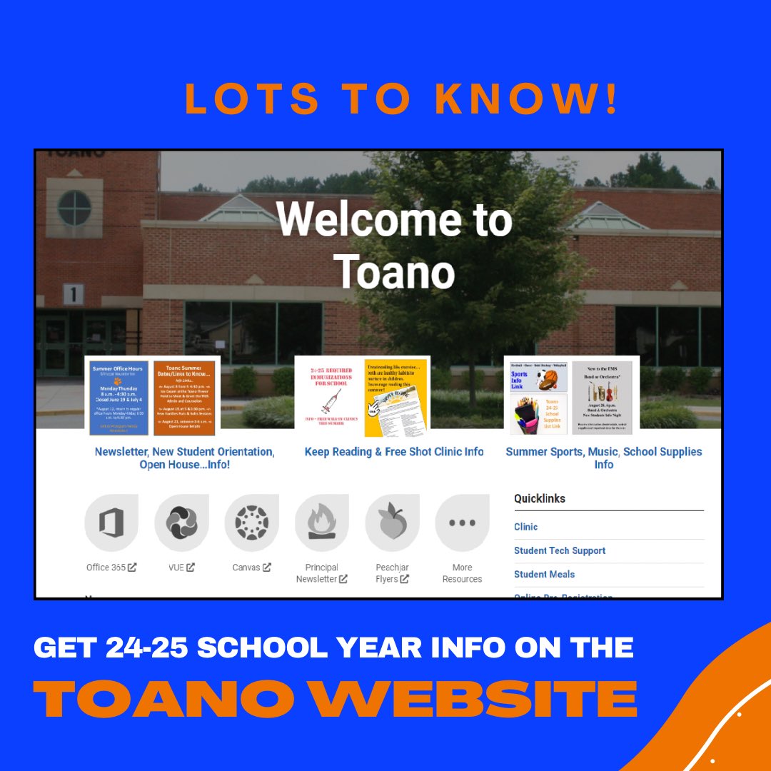 24-25 school supply list, meet the principals and counselors event, New Families Nuts and Bolts event, open house, immunizations, summer reading suggestions, sports info, band/orchestra new student meeting… All of this and more on the TMS homepage. #Toano #ToanoIs #WeAreWJCC