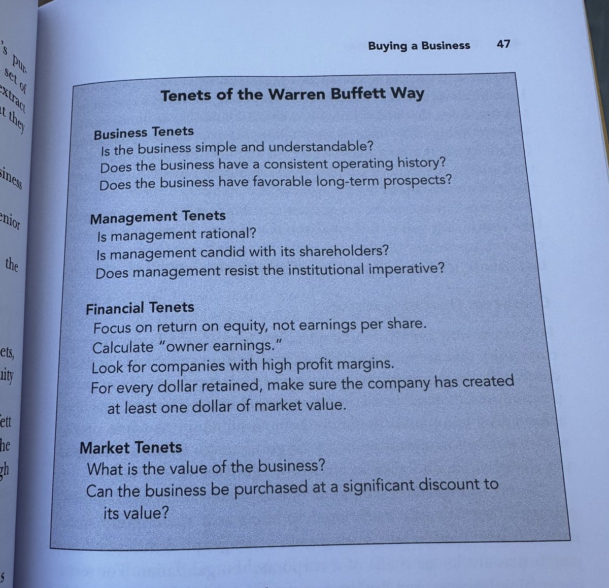 Buffett’s basic principles written about in The Warren Buffett Way by Hagstrom. Quality!
