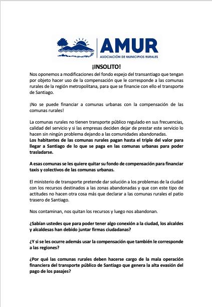AMUR_CHILE's tweet photo. ¡Le pedimos a todas las diputadas y diputados rechacen esta iniciativa, se respete el espíritu de compensación del #FondoEspejo y no se castigue a las #comunasrurales de la Región Metropolitana! @MTTChile @Camara_cl @tvnnoticias @T13 @ElMercurio_cl @adnradiochile @AgriculturaFM https://t.co/yqZPRZDRyo