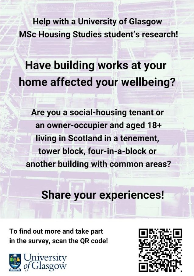 Have externally organised retrofit works on your building affected wellbeing?
How will owners'/tenants' voices, wellbeing &amp; social justice be considered in at scale retrofit projects?
Been in this situation? Please consider this MSc survey by end June: 
uofg.qualtrics.com/jfe/form/SV_d3…