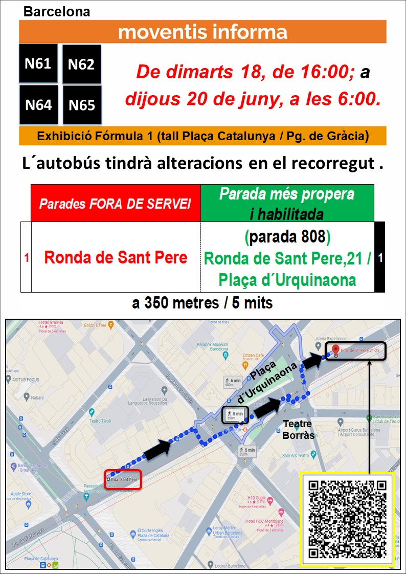 MoventisInfo's tweet photo. 🛑BARCELONA
📆De dimarts 18, de 16:00h; a dijous 20 de juny, a 6:00h; les 🚍 #N80 #N81 de #Moventis_CASAS i 🚍 #N61 #N62 #N64 #N65 de #Moventis_SARBUS; canvien recorregut 🏎️ Exhibició Fórmula1
📣notes 🚏anul.lades i més propera👍habilitada: (808) Rda. St. Pere,21 / Pl. Urquinaona https://t.co/BoxSFs5Y1S