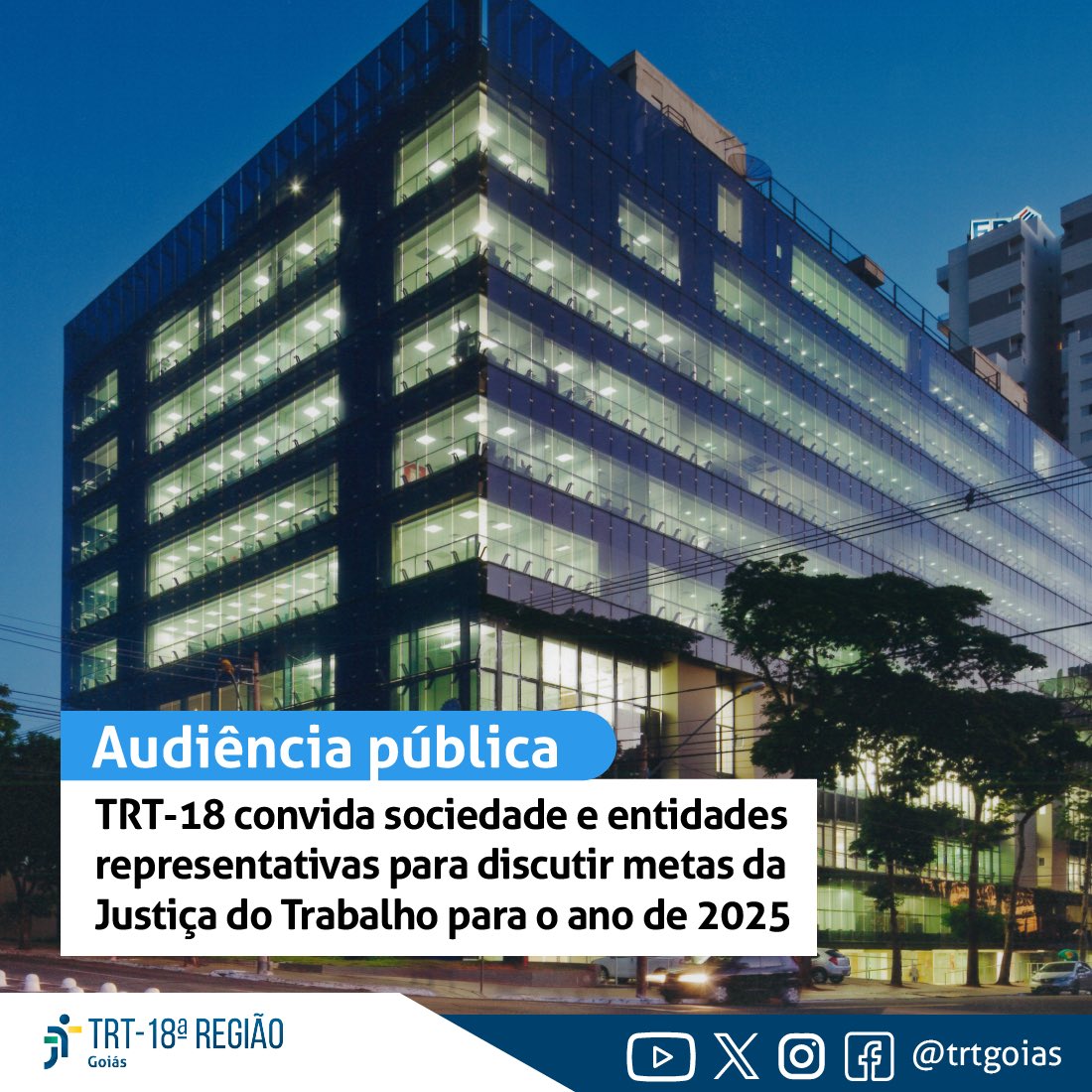 A  audiência pública será realizada no dia 28/06, das 14h às 17h, no Plenário lpê do TRT-18, no Setor Bueno. O objetivo é garantir a participação de todos os interessados na construção das Metas Nacionais do Poder Judiciário para o ano de 2025. Leia em trt18.jus.br