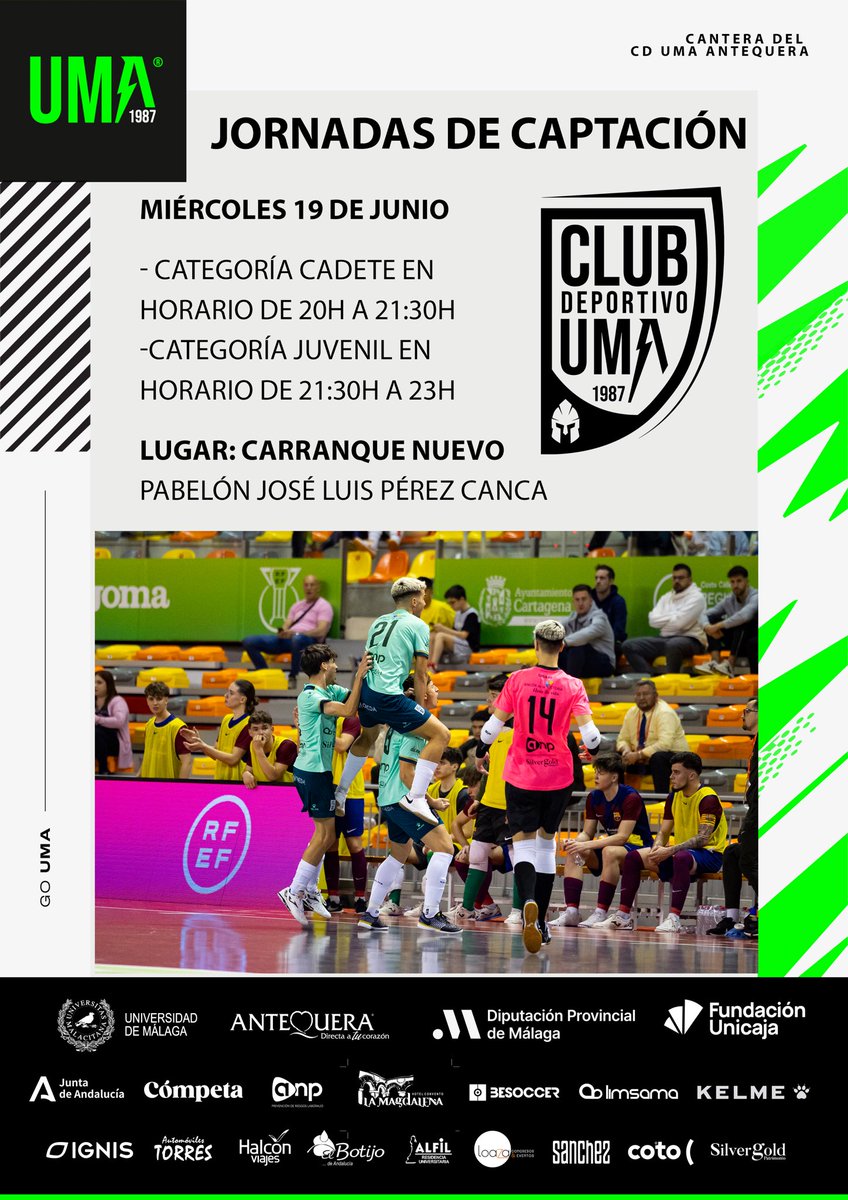 MalagaFS's tweet photo. 🆕 𝐂𝐀𝐍𝐓𝐄𝐑𝐀 | ¡Nueva oportunidad para formar parte de nuestros equipos! 

🟢 Jornadas de captación este miércoles: cadete y juvenil. 

⚠️ Si no has participado en las realizadas recientemente, dirígete a los entrenadores que organizan e indica tu nombre y edad. 

#GoUMA 💚 https://t.co/0CbFi7vuRa