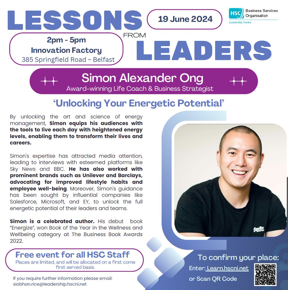 Don’t miss this opportunity to hear from <a href="/SimonAlexanderO/">Simon Alexander Ong</a>, a few places have become available for this free event. Please register your interest by clicking on the link below or use the QR code on the flyer. <a href="/BelfastTrust/">Belfast Trust</a> <a href="/setrust/">South Eastern Trust</a> <a href="/HSC_NI/">Health and Social Care Northern Ireland</a> <a href="/SouthernHSCT/">Southern Trust</a> <a href="/NHSCTrust/">Northern Trust</a> <a href="/WesternHSCTrust/">Western Trust</a>