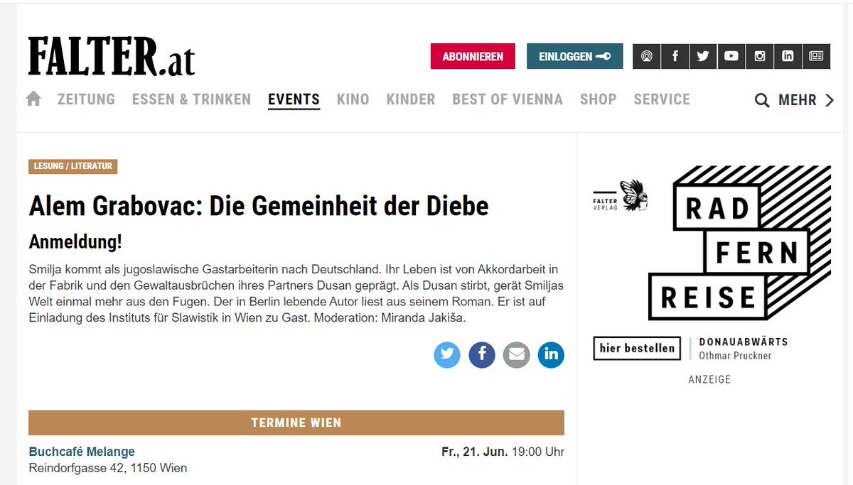 Ankündigung im „Falter“ für die Lesung am 21. Juni in Wien. Freue mich schon sehr darauf!