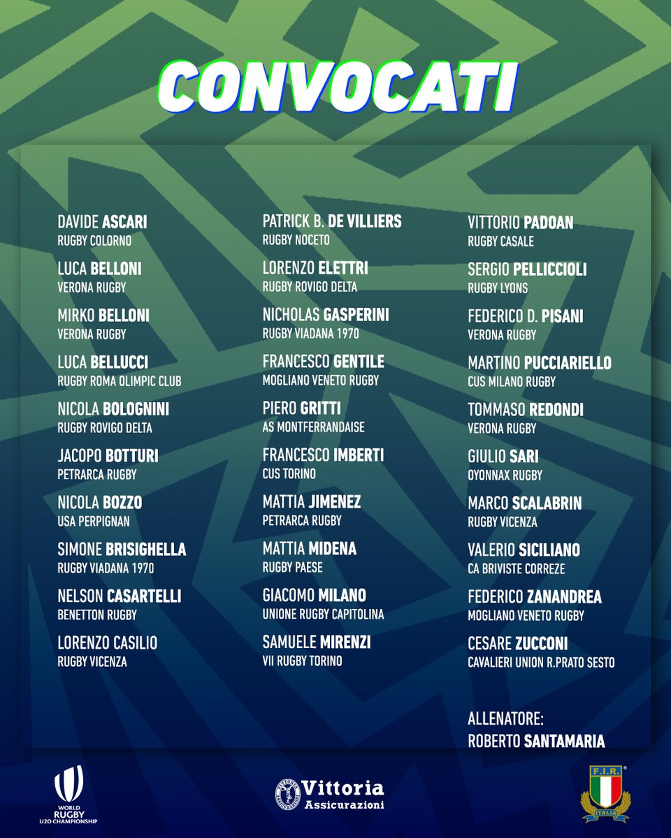 Federugby's tweet photo. Lo staff tecnico dell' #ItalrugbyU20 ha ufficializzato la lista dei 30 giocatori selezionati per partecipare al #WorldRugbyU20s 2024, in programma dal 29 giugno al 19 luglio in Sudafrica 👉 https://t.co/n259hBtun8 

#insieme #rugbypassioneitaliana https://t.co/DqsHgjXvjh