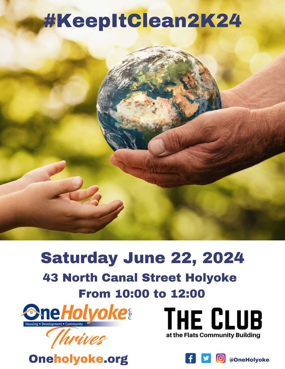 #KeepItClean2K24 
This Saturday, June 22nd, 2024.
10am to 12pm.
At the Flats Community Building, The Club.
43 North Canal Street, Holyoke.