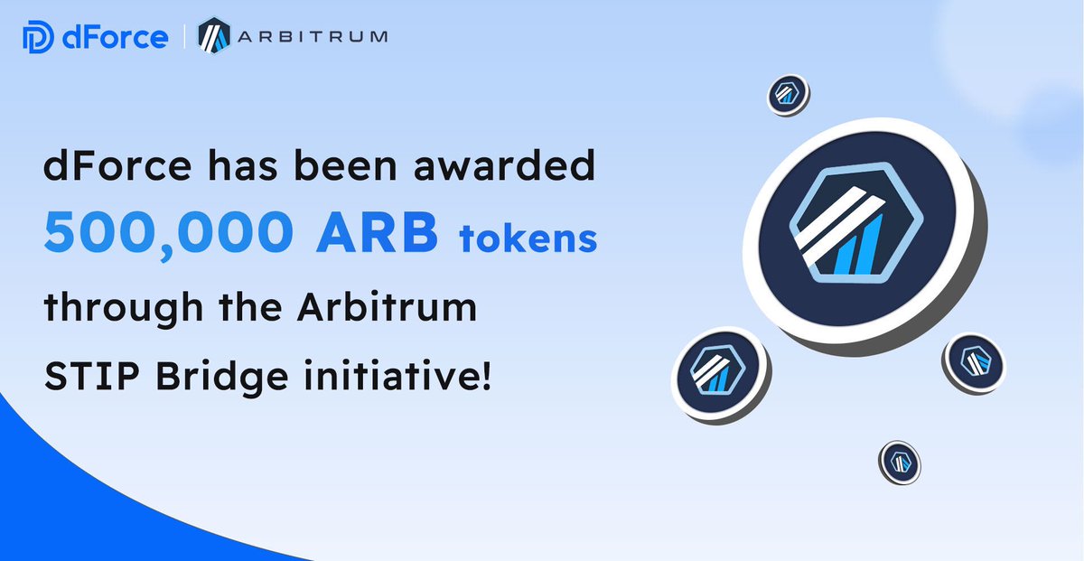 🎉 dForce has been awarded 500k $ARB by Arbitrum for the STIP Bridge initiative!

We're soon kicking off a massive campaign to boost rewards among and supercharge 

the Arbitrum ecosystem.
Stay tuned for all the details, you won't want to miss this! ✨