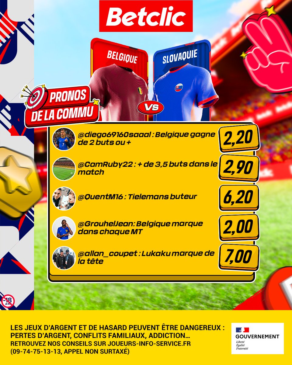 🔥 Les diables rouges entrent en scène !

👇 Voici les pronos de @diego69160saaal, <a href="/CamRuby22/">Gaston Belka</a>, <a href="/QuentM16/">West</a>, <a href="/GrouhelJean/">Jean Grouhel</a> et <a href="/allan_coupet/">Allan 💥</a>   

Si au moins 3 passent, c'est 10 x 20€  de Freebets à gagner parmi les RT ✅