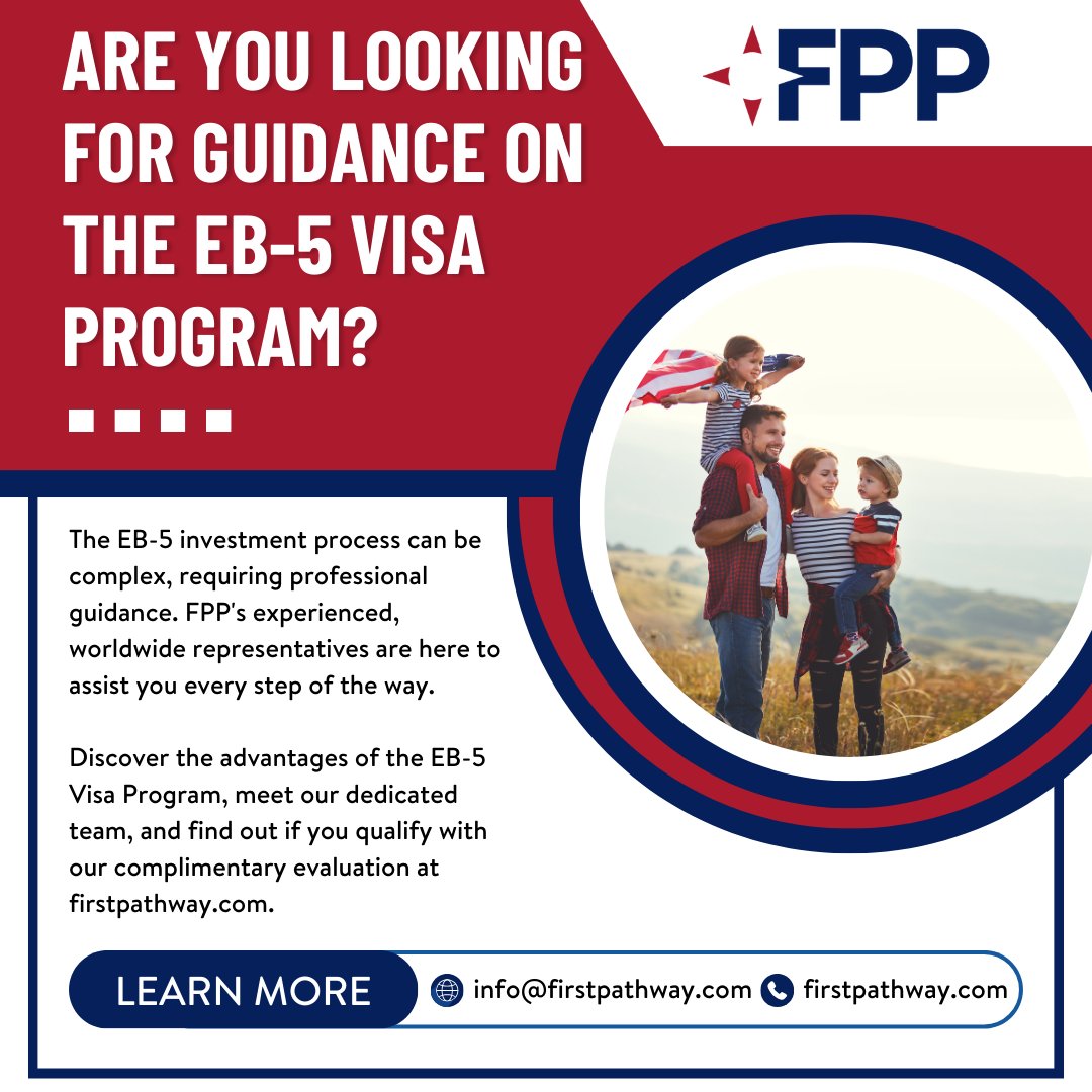 FPP's experienced, worldwide representatives are here to assist you during every step of the EB-5 process.

Discover the advantages of the EB-5 Visa Program, meet our dedicated team, and find out if you qualify with our complimentary evaluation at ow.ly/8Pv850SjZLX.

#EB5