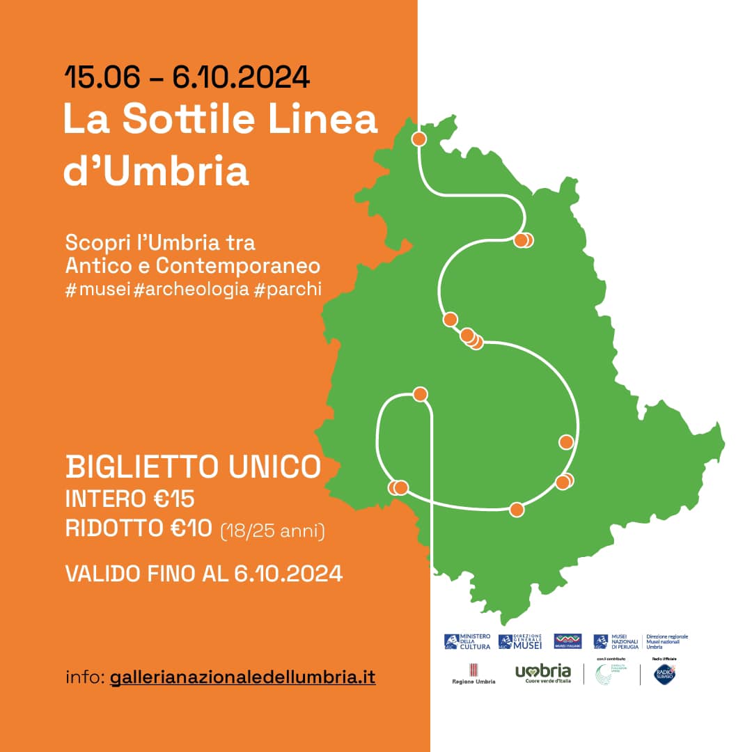 La Sottile Linea d’Umbria 
Per la prima volta, con un biglietto unico da 15 euro, sarà possibile visitare fino al 6 ottobre i 14 musei nazionali dell’Umbria, tra grandi mostre, performance e installazioni inedite pensate appositamente per i diversi siti. 
<a href="/DirMuseiUmbria/">Direzione Regionale Musei Umbria</a>