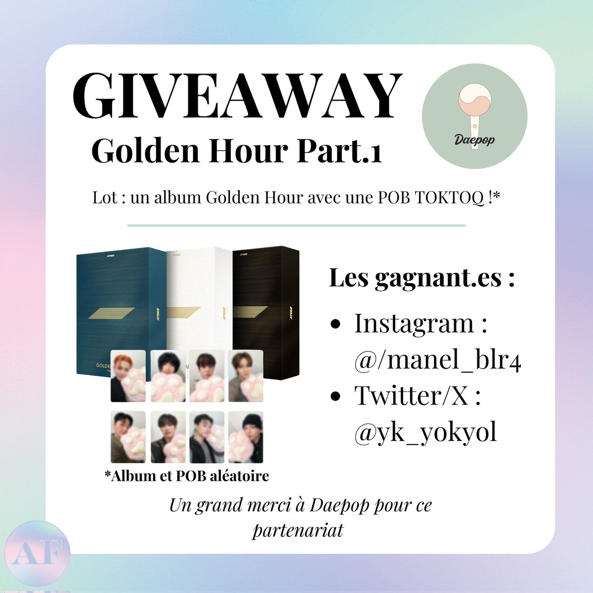 [🎁 - Résultats Giveaway]

Félicitations à <a href="/yk_yokyol/">Li' - MCND</a> ! Tu viens de remporter un album Golden Hour avec une POB TOKTOQ 

Un grand merci à <a href="/daepop_/">Daepop Boutique</a>, qui te contacteront directement afin d'obtenir les informations pour t'envoyer l'album 

Merci à tous pour vos participations !