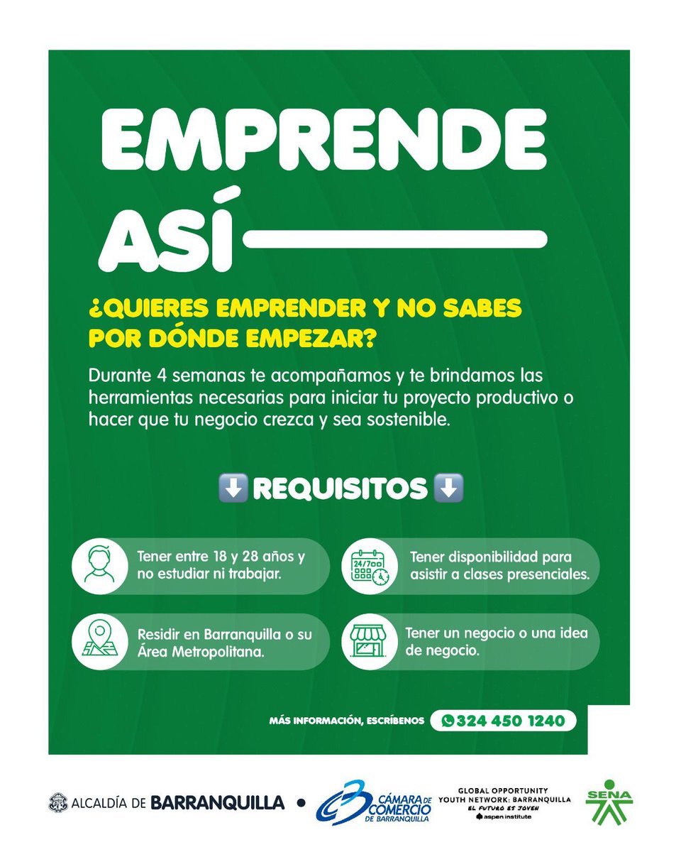 alcaldiabquilla's tweet photo. ¿Quieres emprender o hacer crecer tu negocio? 🚀

Únete a ‘Emprende Así’, un programa de 4 semanas para jóvenes emprendedores que brinda las herramientas necesarias para que tus ideas sean un éxito. 💡📈

¡Inscríbete ya! Los cupos son limitados. 
🔗 https://t.co/JsTdwQrXo5 https://t.co/0QPSvKameH