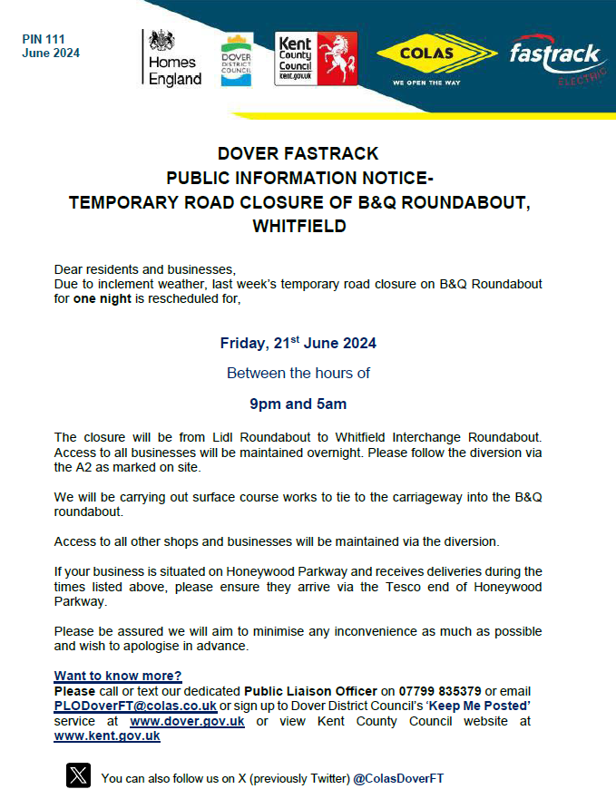 PIN 111 - NIGHT CLOSURE B&amp;Q ROUNDABOUT
<a href="/DoverDC/">Dover District Council</a> <a href="/KentHighways/">KCC Highways</a> <a href="/Kent_cc/">Kent County Council</a>