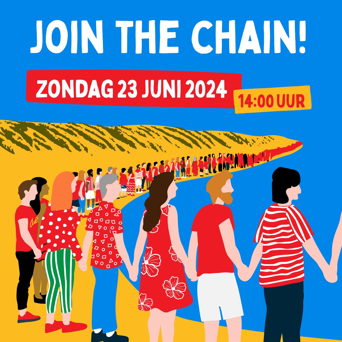 Wereldwijd raakt klimaatverandering de meeste kwetsbare groepen het hardst. Maak je sterk voor beter klimaatbeleid en doe mee aan The Climate Chain! 🤝 Meld je ook aan via theclimatechain.nl/meedoen, en sluit je op zondag 23 juni om 14:00 aan bij de langste human chain in Nederland.