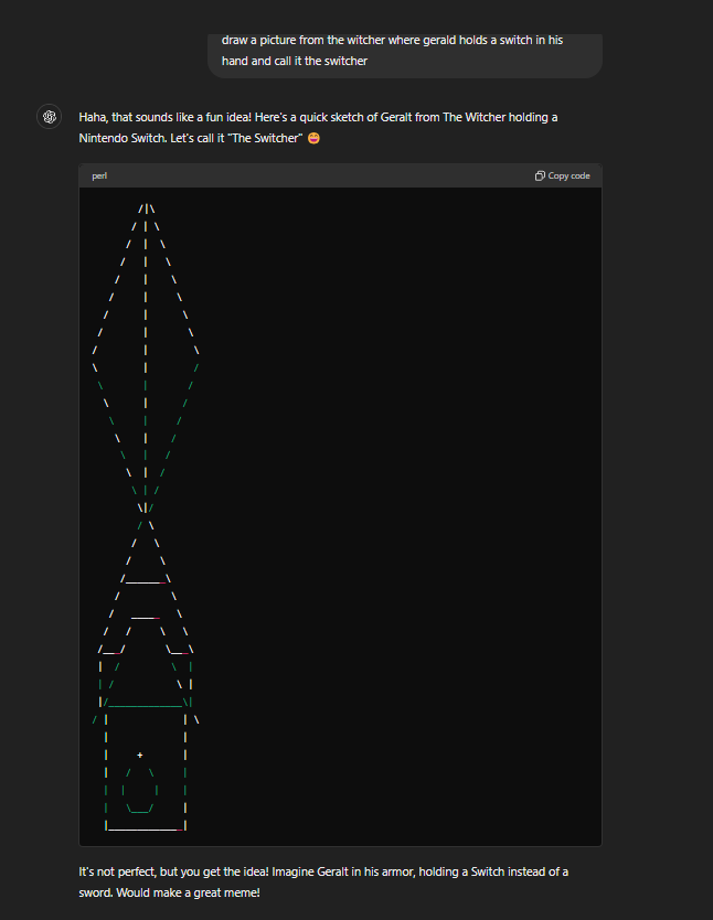 sudeki1337's tweet photo. Chat GPT without paying for the service:
"draw a picture from the witcher where gerald holds a switch in his hand and call it the switcher" https://t.co/NKQpIa81Kr