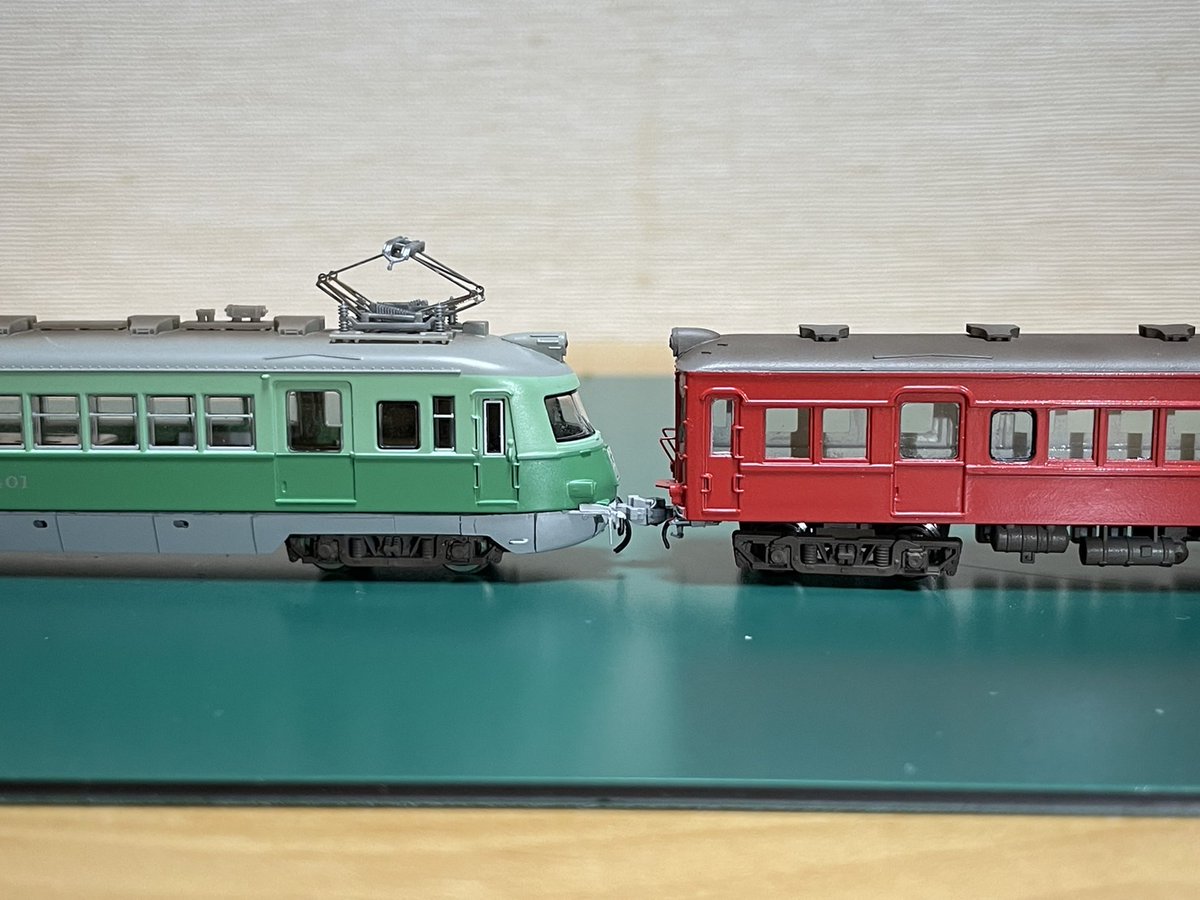 nagakohashutsu's tweet photo. 名鉄　3400系も完成しました。
車体はマイクロエースそのまま、シャーシのみプラ板製で台車を日車D16仕様にしています。3400は鉄コレ動力です。 https://t.co/lMXHw0U3Yj