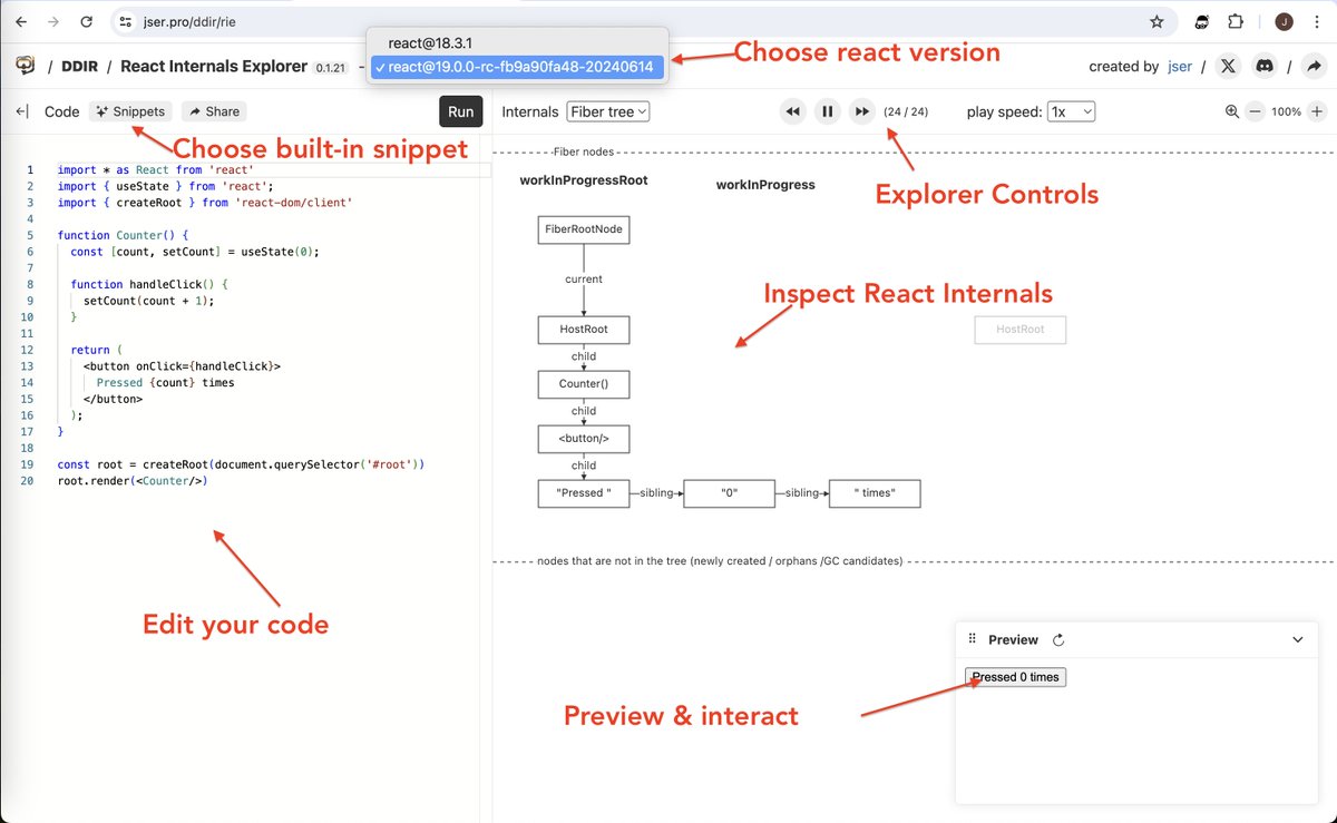 A quick guide on the UI of React Internals Explorer