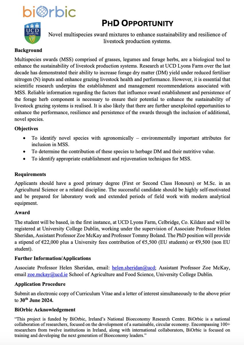 UCD School Ag & Food (@ucdagfood) on Twitter photo 🌾Exciting PhD opportunity:
❓Novel multispecies sward mixtures to enhance sustainability and resilience of livestock production systems.
🗓️ Closing date: 30th June 2024.
📩 Further info: helen.sheridan@ucd or zoe.mckay@ucd.ie
✍️Apply Now with CV & Cover letter 🌾Exciting PhD opportunity:
❓Novel multispecies sward mixtures to enhance sustainability and resilience of livestock production systems.
🗓️ Closing date: 30th June 2024.
📩 Further info: helen.sheridan@ucd or zoe.mckay@ucd.ie
✍️Apply Now with CV & Cover letter
