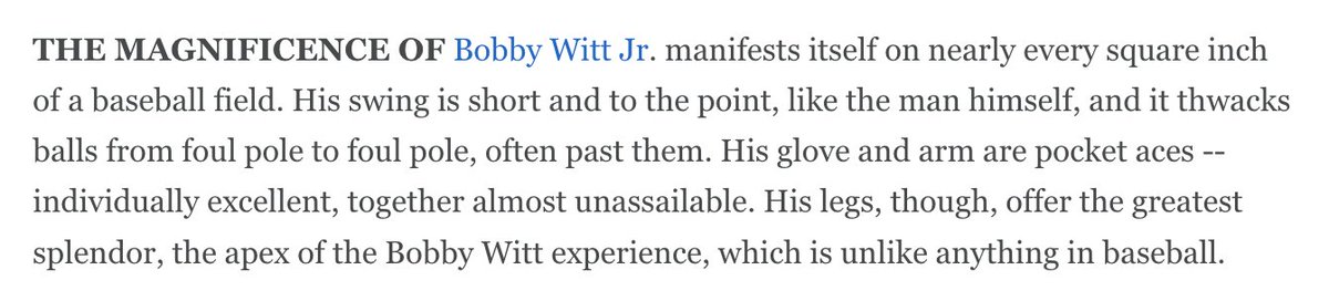 JeffPassan's tweet photo. Bobby Witt Jr. is the fastest player in baseball. He has the most defensive value of anyone in the game. He's one of the best hitters, too. Over the last calendar year, no one has more WAR.

Free at ESPN, a profile of perhaps baseball's best young star: https://t.co/o2eDZsrxFI https://t.co/2VrXP2blmd