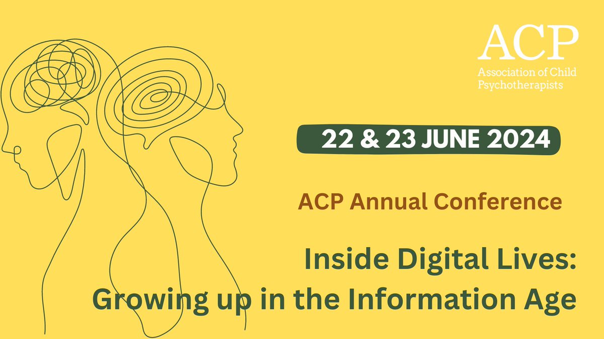 The ACP Conference for members this year is about ‘Inside Digital Lives: Growing up in The Information Age'. 
In this online event the speakers will discuss their experiences and the implications of the digital world and technology on human development. 
childpsychotherapy.org.uk/civicrm/event/…