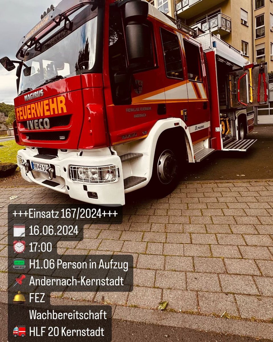 EinsatzeMyk's tweet photo. 🚨 Einsatz Nr. 167/2024 für die Städt. Freiwillige Feuerwehr Andernach
📆 16.06.2024 um 17:00 Uhr
🚨 H1.06 - Person in Aufzug
🏠 Andernach
#feuerwehr #Andernach #Rhein #kruft #pellenz #Rettungsdienst #mayenkoblenz #landkreismayenkoblenz #rlp #rheinlandpfalz https://t.co/KAGFi5hTpq