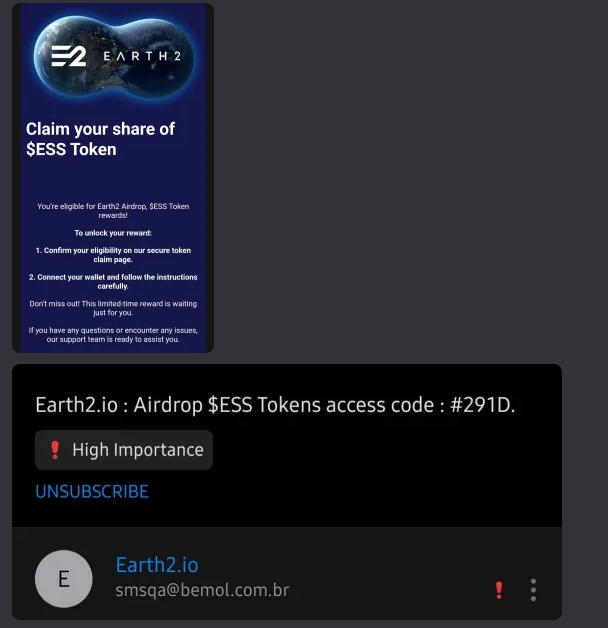 ‼️‼️‼️ ATTENTION - BEWARE - DO NOT CLICK ‼️‼️‼️

<a href="/_iAmMeta_/">iAmMeta</a> has received this Email today, asking him to claim his free essence airdrop.

THIS IS NOT A GENUINE EMAIL FROM E2 AND NOT OFFICIAL. DO NOT CLICK ANY LINKS OR SHARE YOUR DATA!!

Please share so people are aware! 
@earth2