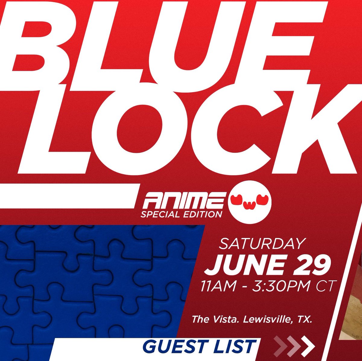 DrewBreedloveVA's tweet photo. Hey Lewisville, TX! If you haven’t seen it yet, @AnimeYankii is hosting an EPIC Bluelock celebration event that you won’t want to miss! 

It’ll be held at the Vista Shopping Center on Saturday, June 29th from 11am-3:30pm🔥🔥

I’m super excited because this is the most english cast members we’ve ever gotten under one roof, 13 BLUELOCK BOYS, and it’s gonna be a blast! 

Come say hi, alright?💛🖤💛🖤

Here’s all the boys that’ll be there💙🔒⚽️:

1. @BaugusBryson - Nagi
2. @KamenCasey - Reo
3. @MatthewElkins_ - Zantetsu
4. Hey! Me! I’ll be there😱🤣 - Bachira
5. @Ack_its_Alex - Kunigami
6. @anime_brother - Aryu 
7. @KyleIggy - Igarashi
8. @LeeGeorge23 - Gagamaru
9. @theDerickSnow - Ego
10. @MattShipmanVO - Rin
11. @MarkAllenJr - Kuon
12. @AaronCampbellVO - Raichi 
13. @SpenceLiles - Naruhaya

#anime #manga #bluelock #bluelockanime #bachira #bachirameguru #texas #convention #animeconventions