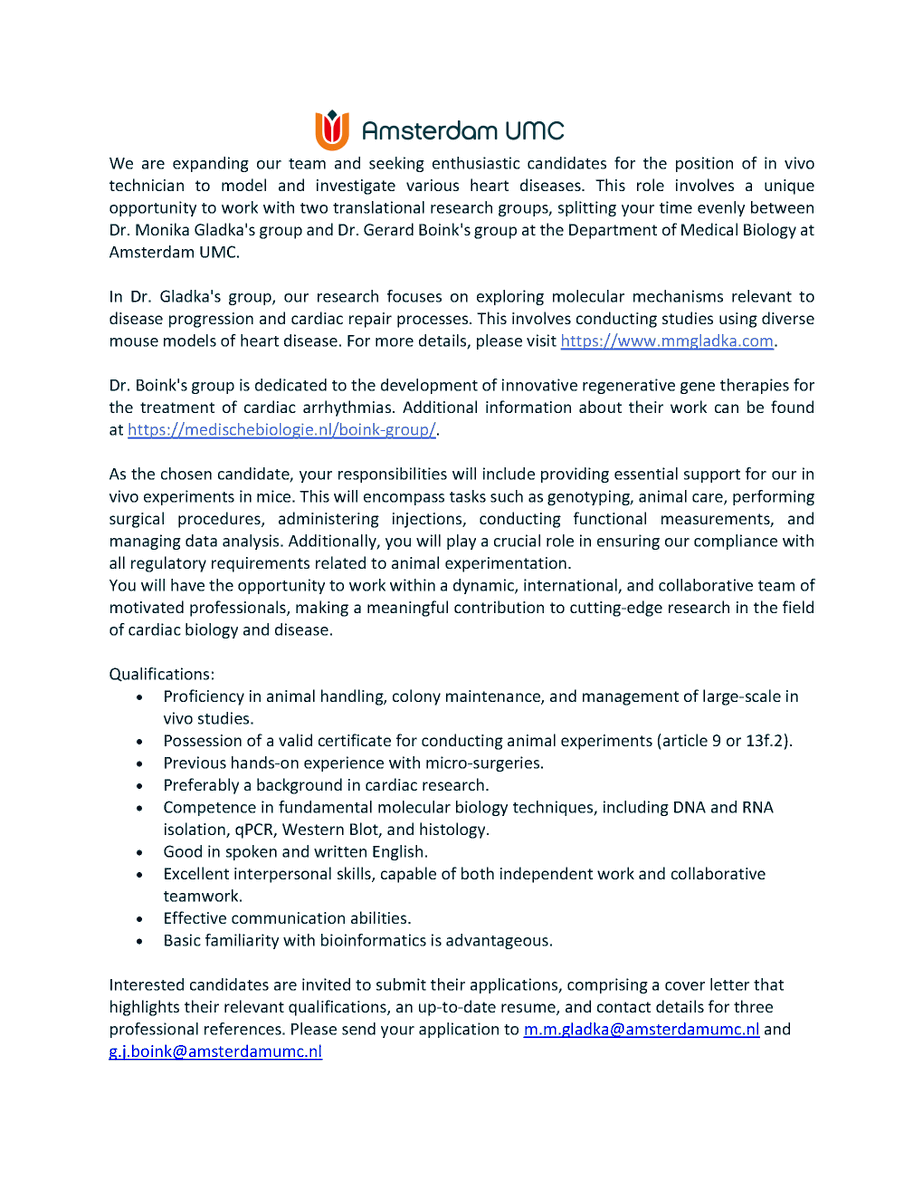 Monika Gladka (@monikagladka) on Twitter photo We are looking for an animal technician to join our team in Amsterdam UMC. The preferred starting date is the 1st of September 2024. If you are interested, send me an email: m.m.gladka@amsterdamumc.nl We are looking for an animal technician to join our team in Amsterdam UMC. The preferred starting date is the 1st of September 2024. If you are interested, send me an email: m.m.gladka@amsterdamumc.nl