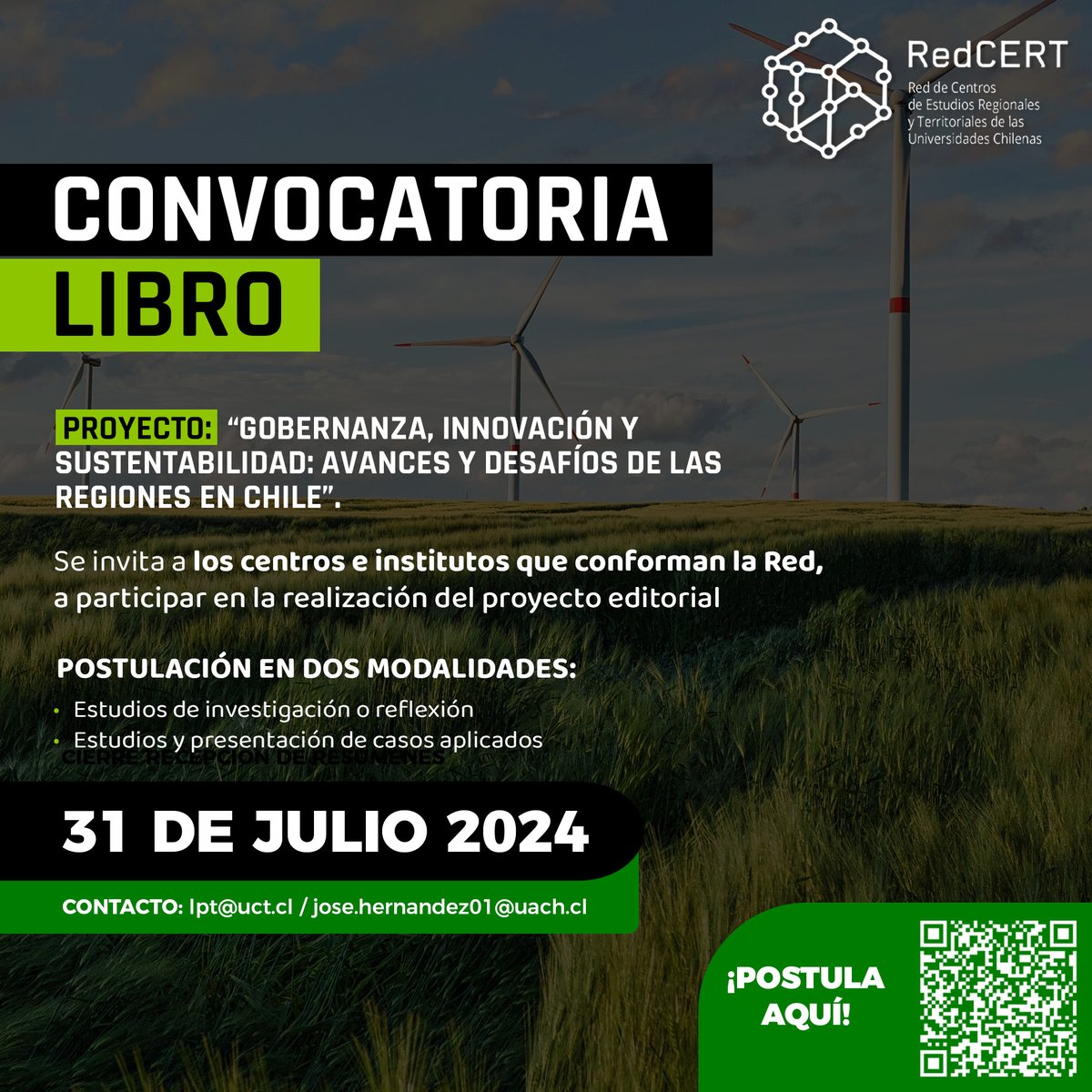 Participa en la construcción de un Chile más sostenible y descentralizado!

📢 Convocatoria abierta para contribuciones al proyecto editorial: “Gobernanza, Innovación y Sustentabilidad: Avances y Desafíos de las Regiones en Chile”.