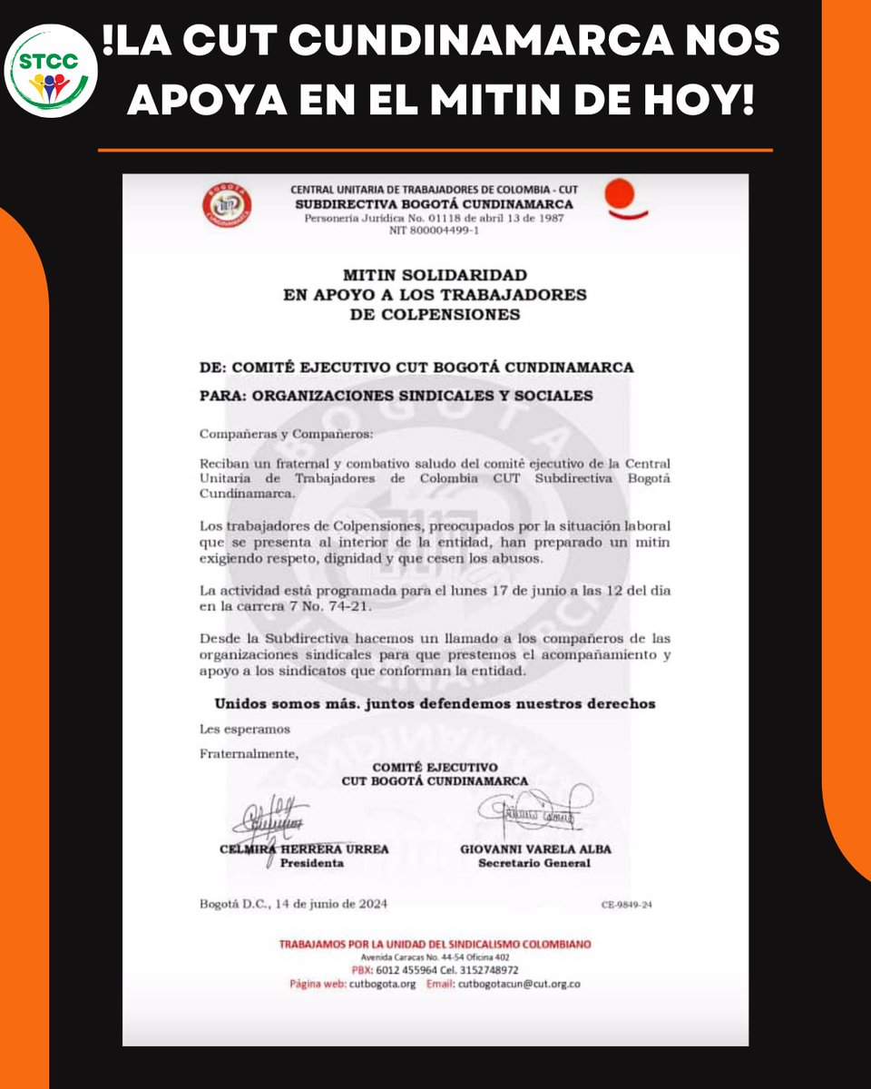 Apoyo de la <a href="/cutcolombia/">Central Unitaria de Trabajadores</a> al #mitin en <a href="/Colpensiones/">Colpensiones</a> por el #trabajodecente <a href="/MintrabajoCol/">MinTrabajo</a> <a href="/dussanja/">Jaime Dussán Calderón</a> <a href="/petrogustavo/">Gustavo Petro</a> <a href="/NoticiasRCN/">Noticias RCN</a> <a href="/RevistaSemana/">Revista Semana</a>