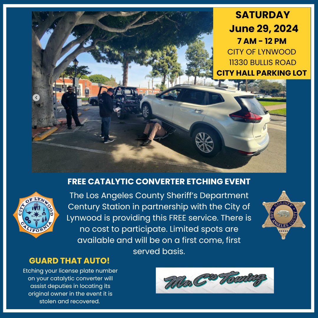 MyLynwoodca's tweet photo. Catalytic Converter Etching Event!
When: Saturday, June 29th, 2024
Time: 7 am - 12 pm
Where: Lynwood City Hall (Parking Lot), 11330 Bullis Road, Lynwood 90262

Limited spots are available, this event will be on a first come, first served basis. No reservation is needed. https://t.co/0rWAHJAgYZ