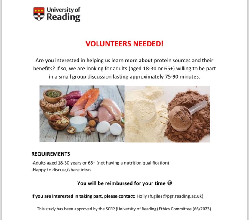 Holly Giles (@_holly_giles) on Twitter photo Looking for adults without a nutrition qualification aged 18-30 and 65+ to attend our focus groups at <a href="/UniofReading/">Uni of Reading</a> in July. We will be discussing all things protein! Please email/message for more info! 🍽️💪
<a href="/UniRdg_FNS/">Food & Nutrition</a> Looking for adults without a nutrition qualification aged 18-30 and 65+ to attend our focus groups at <a href="/UniofReading/">Uni of Reading</a> in July. We will be discussing all things protein! Please email/message for more info! 🍽️💪
<a href="/UniRdg_FNS/">Food & Nutrition</a>