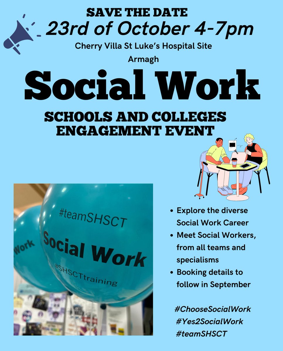Are you a student who is interested in a career in social work?
Put the 23rd October in your diary as this will be your chance to find out more about the diverse career of social work.
Keep an eye on our channels over the next few months for more info on how to book.
#TeamSHSCT