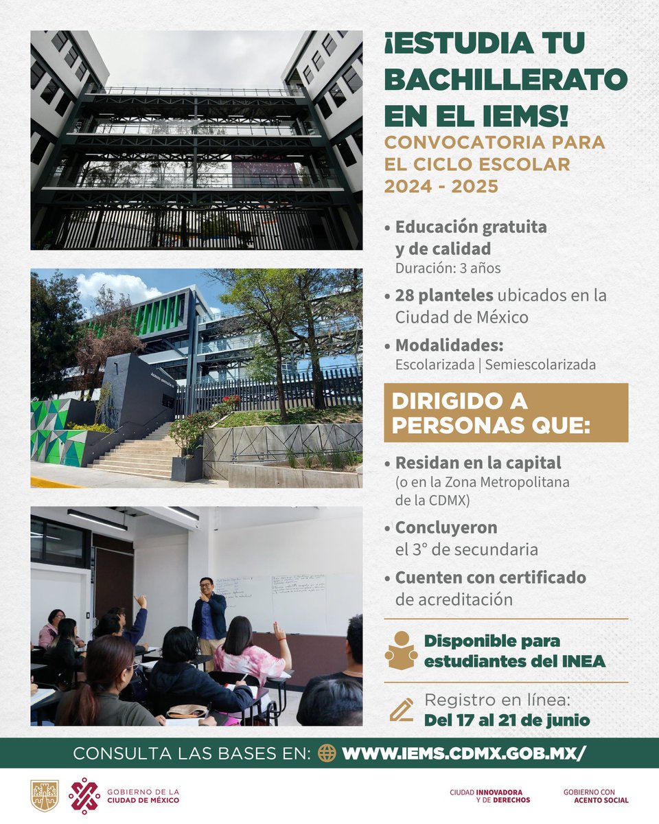 GobCDMX's tweet photo. Imagínate estudiar en el @IEMS_CDMX con tu real... 😍❤‍🩹

¡Es hora de vivir esa experiencia! Participa en la convocatoria para el Ciclo Escolar 2024-2025 y cursa tu Bachillerato, de forma gratuita, en uno de nuestros 28 planteles. 🎒🏫

Ingresa a https://t.co/TDH9s1Gs94 para consultar los requisitos. 📚 #CiudadDeDerechos