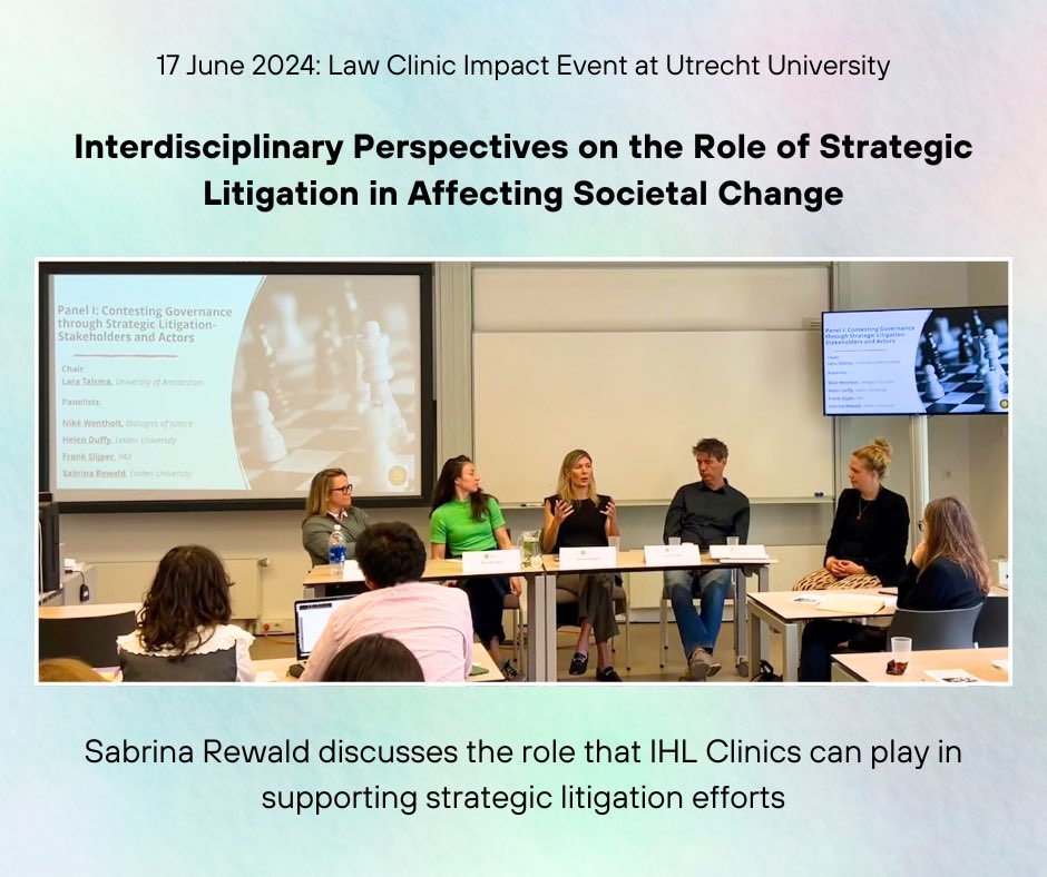 .<a href="/SabrinaRewald/">Sabrina Rewald</a> spoke today at <a href="/UniUtrecht/">Utrecht University</a>'s Law Clinic Impact Event, convened by Asst Prof <a href="/jessicadorsey/">Jessica Dorsey (@jessicadorsey.bsky.social)</a>

Sabrina highlighted the role that IHL Clinics can play in mapping justice avenues&amp; developing tools for practitioners, e.g. Leiden Guidelines on DDE leiden-guidelines.com