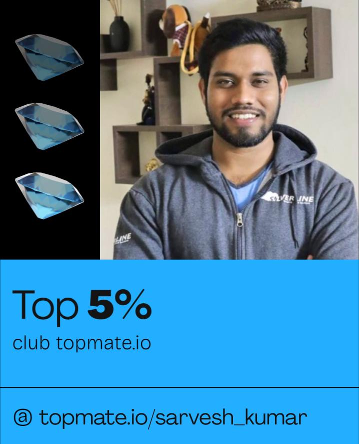 sarvesh201's tweet photo. Exciting news! 🎉

I've joined the top 5% club on Topmate! 🤩

I was waiting for a long time to unlock this and the hardwork has finally paid off. Let's keep pushing boundaries, inspiring others, and striving for greatness together!

https://t.co/QvoNBw0jWf https://t.co/CaU9naC26m