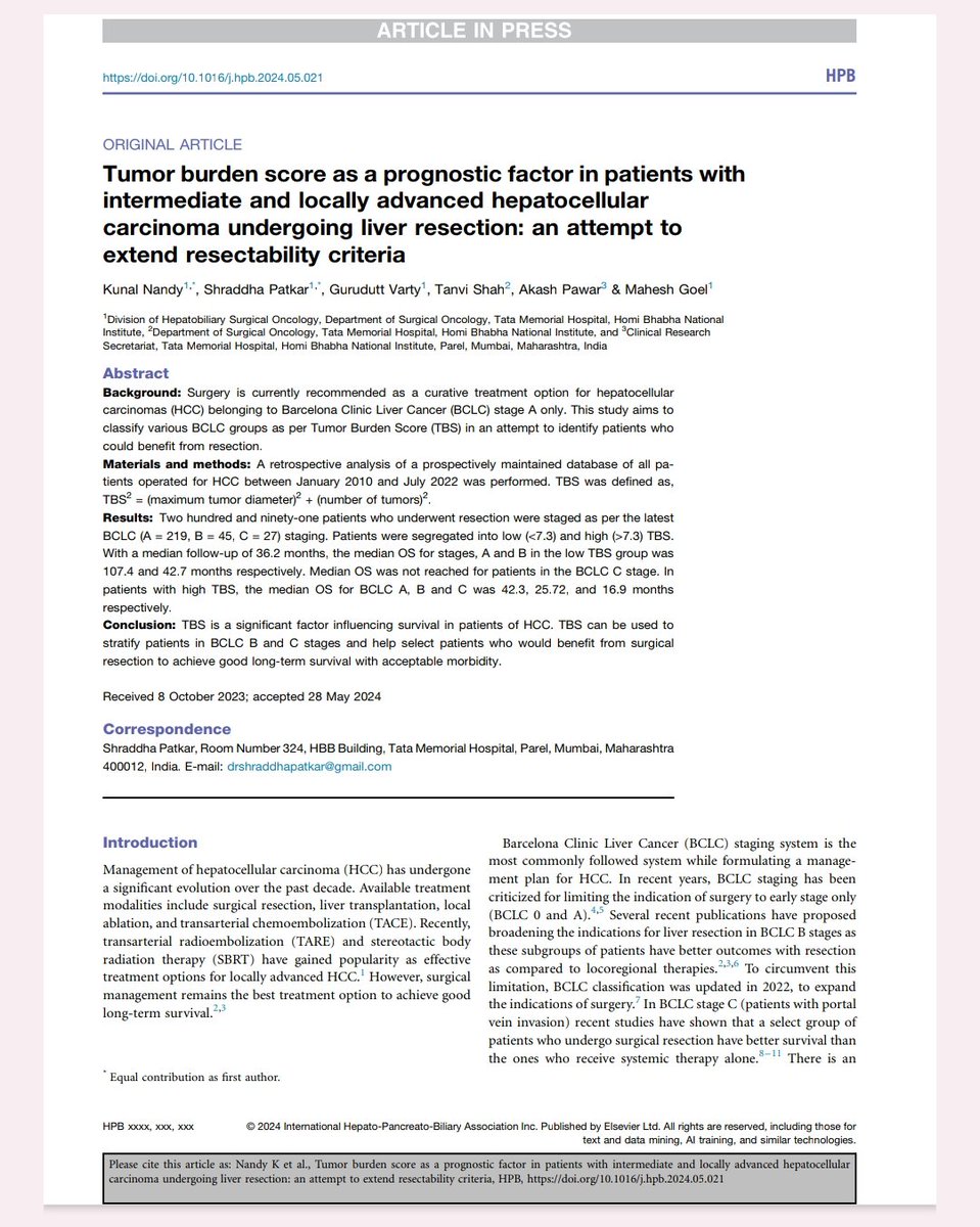 BCLC staging system although widely accepted is often criticized for being restrictive.
Chck out our latest article exploring the role of 'Tumor burden score' in further stratifying the BCLC B and C to identify those who will benefit most from surgery! 👇🏽
hpbonline.org/article/S1365-…