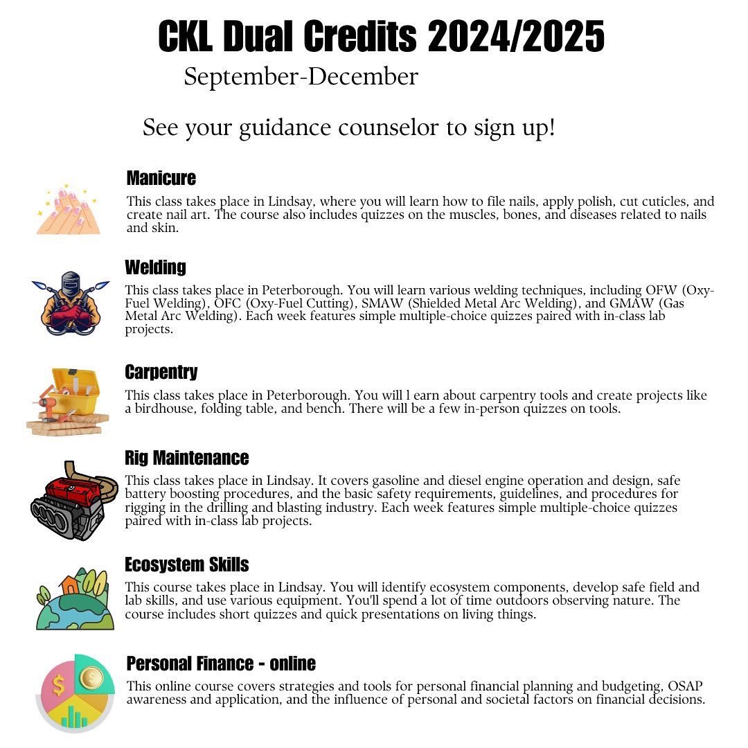 🚀 Fall dual credits are open! Sign up through your guidance counselor for courses in CKL, Muskoka, and Haliburton with Georgian and Fleming Colleges. Experience college with hands-on activities and an online personal finance course. 🎓 #DualCredits